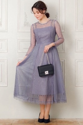ブルーグレーの袖つきストライプレースドレスのレンタルドレス