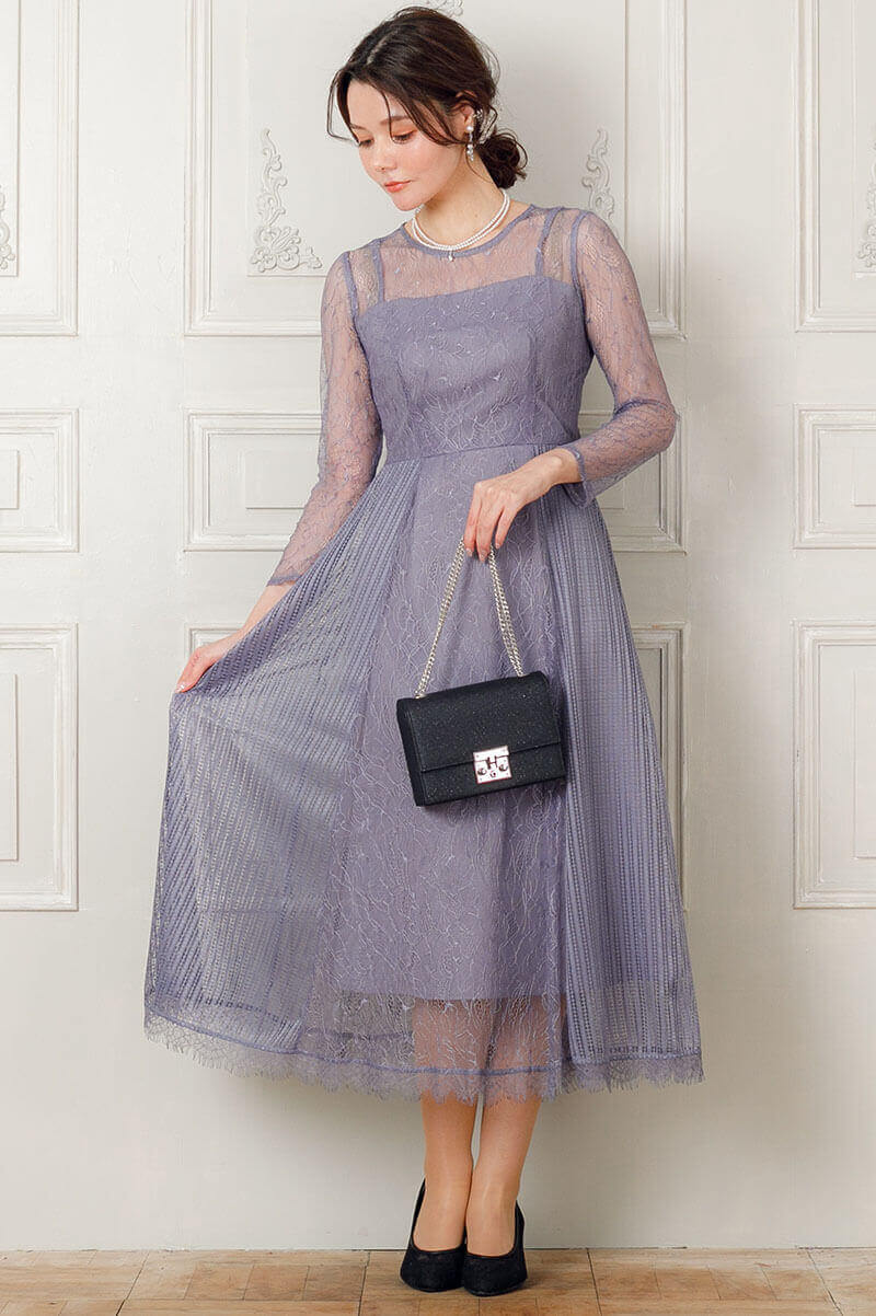 ブルーグレーの袖つきストライプレースドレスの商品画像1