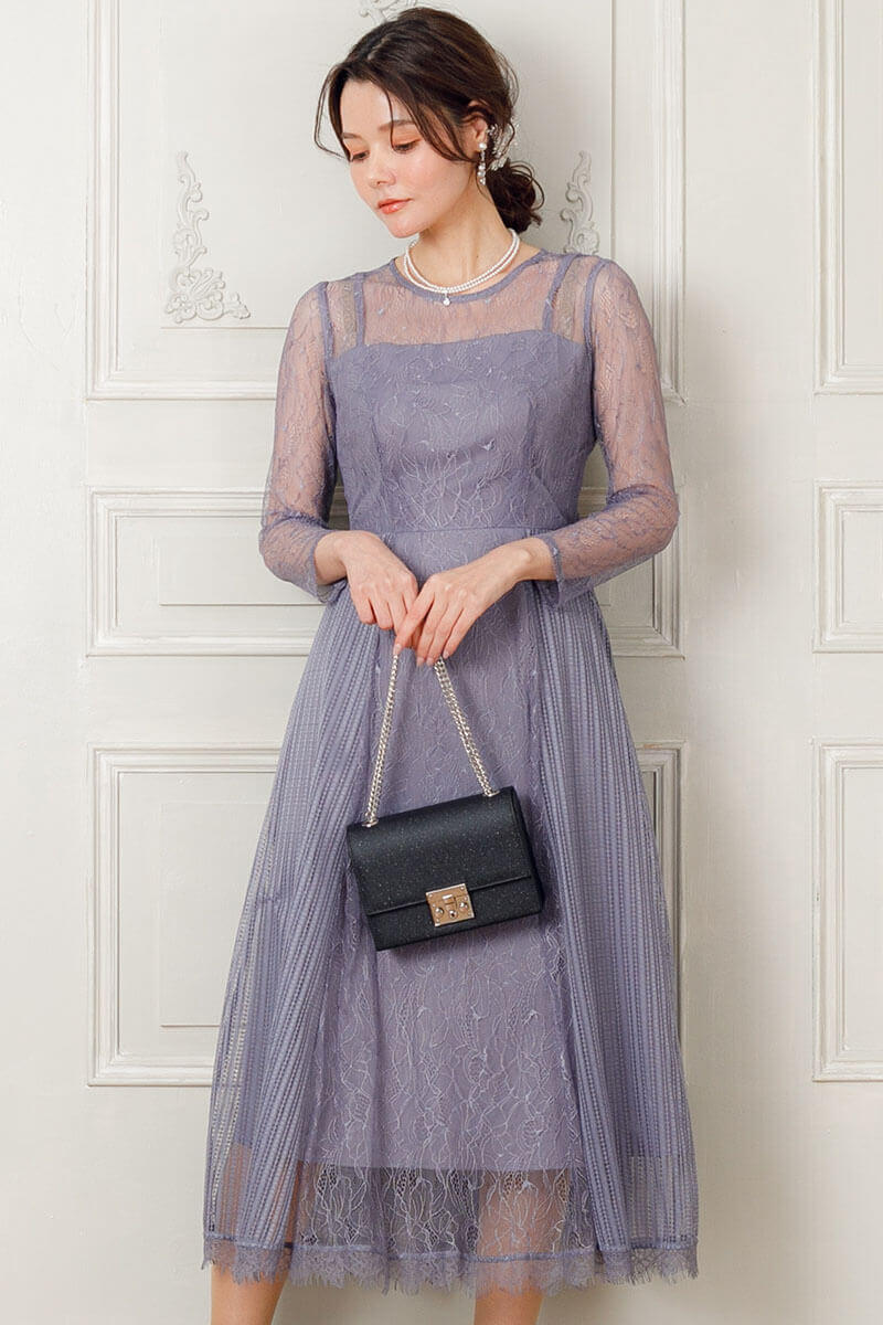 ブルーグレーの袖つきストライプレースドレスの商品画像2