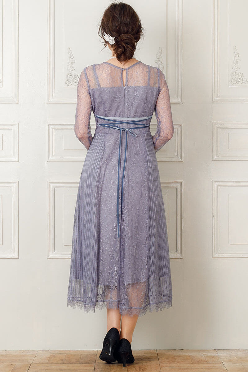 ブルーグレーの袖つきストライプレースドレスの商品画像4