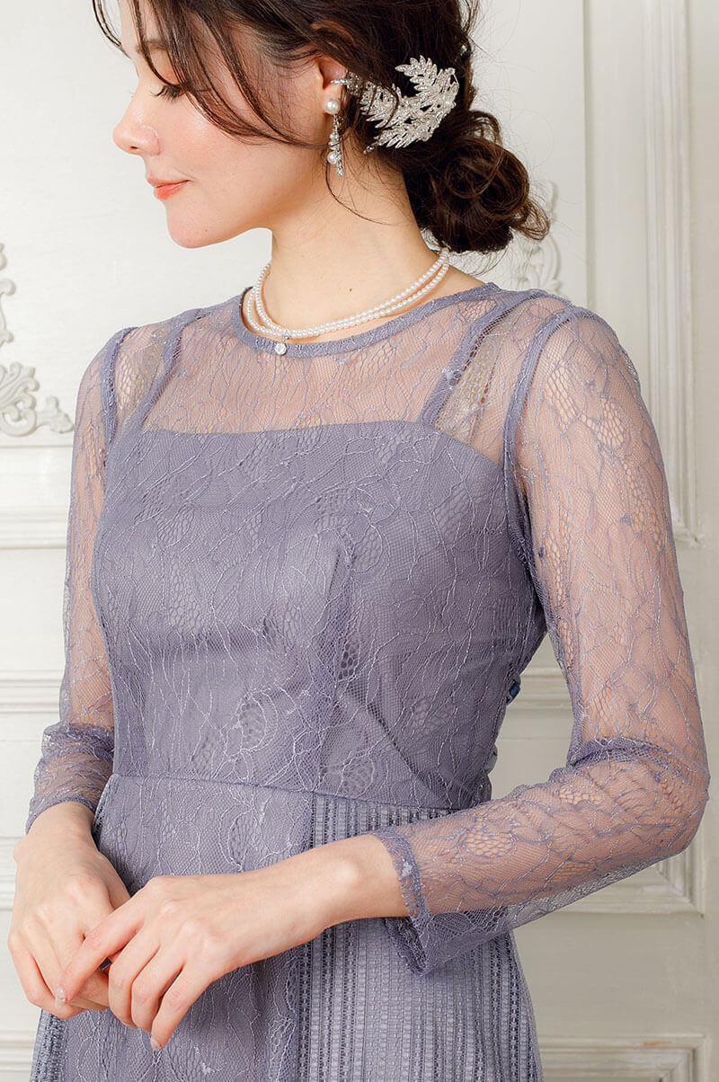 ブルーグレーの袖つきストライプレースドレスの商品画像5