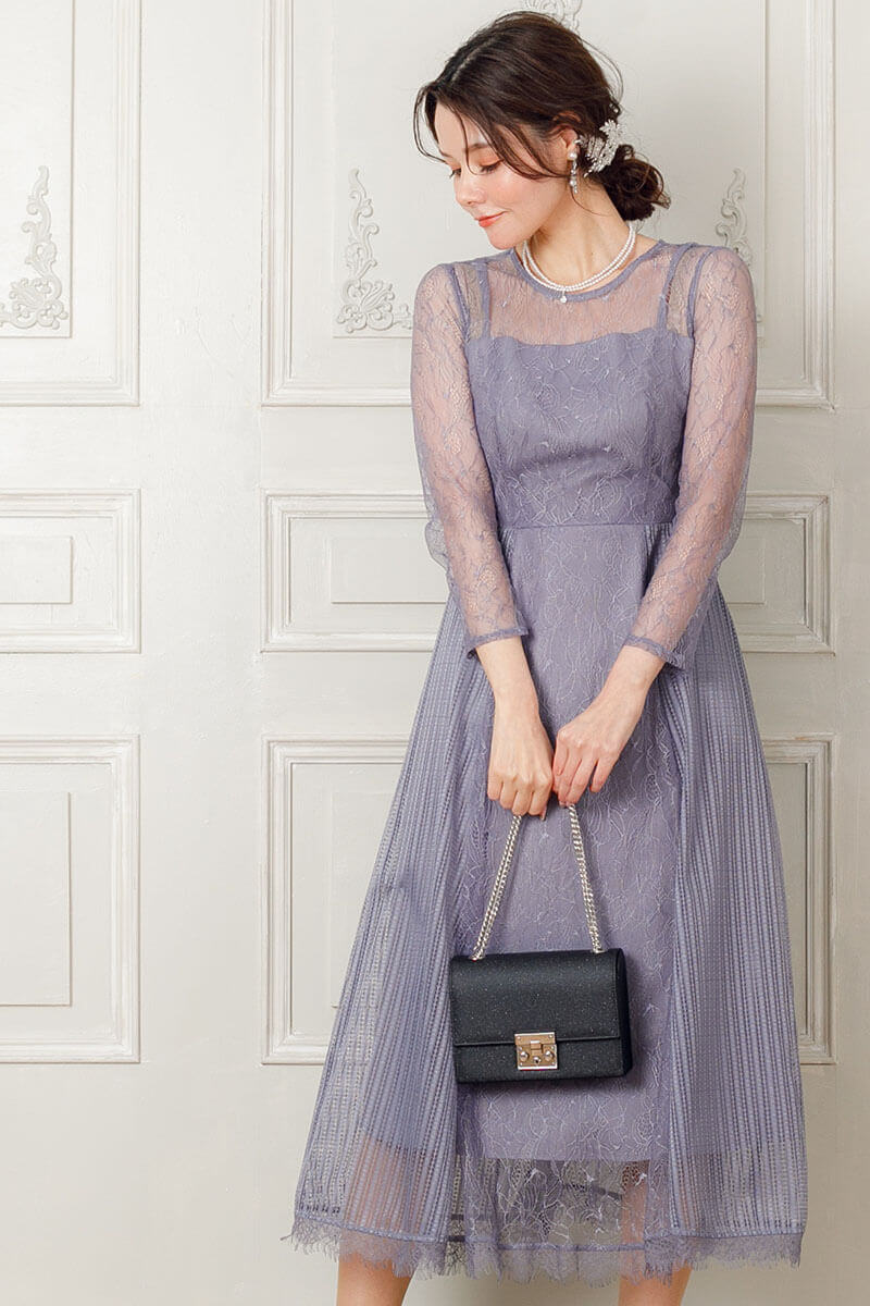 ブルーグレーの袖つきストライプレースドレスの商品画像7