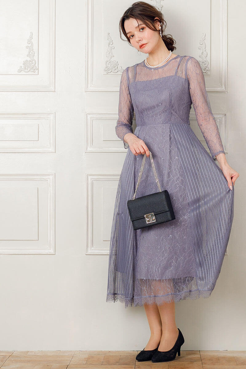 ブルーグレーの袖つきストライプレースドレスの商品画像8