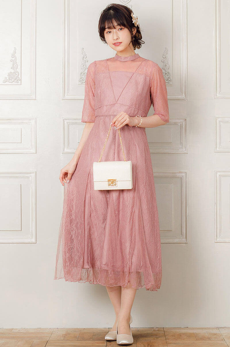 モーブピンクのVラインレースドレスの商品画像1