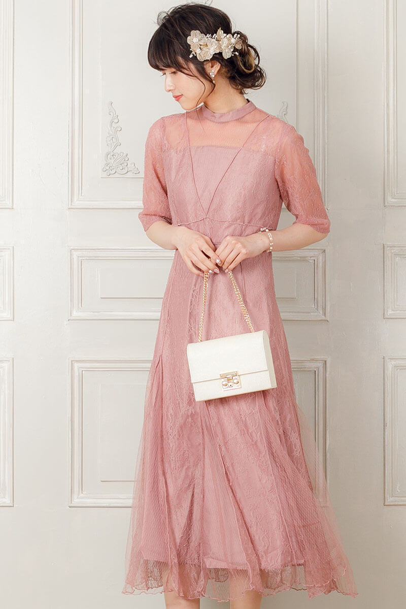モーブピンクのVラインレースドレスの商品画像2