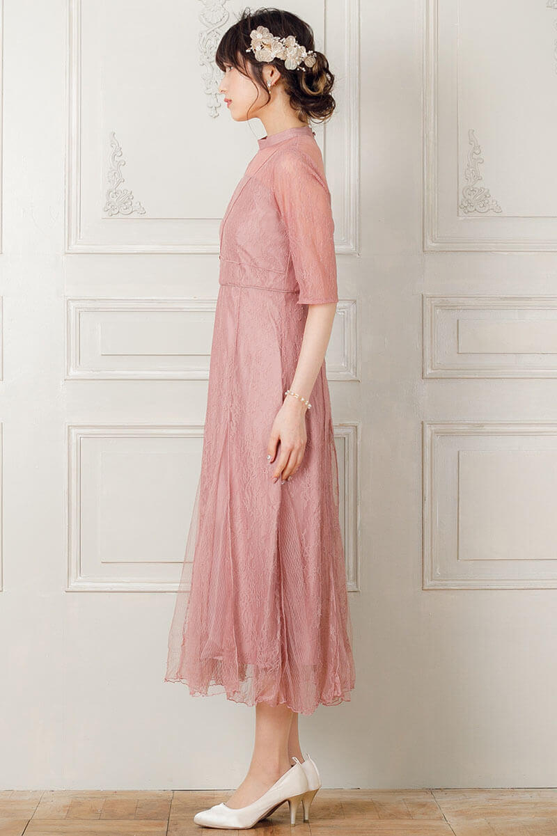 モーブピンクのVラインレースドレスの商品画像3