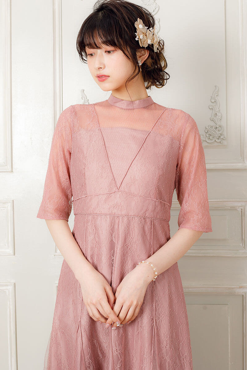 モーブピンクのVラインレースドレスの商品画像5