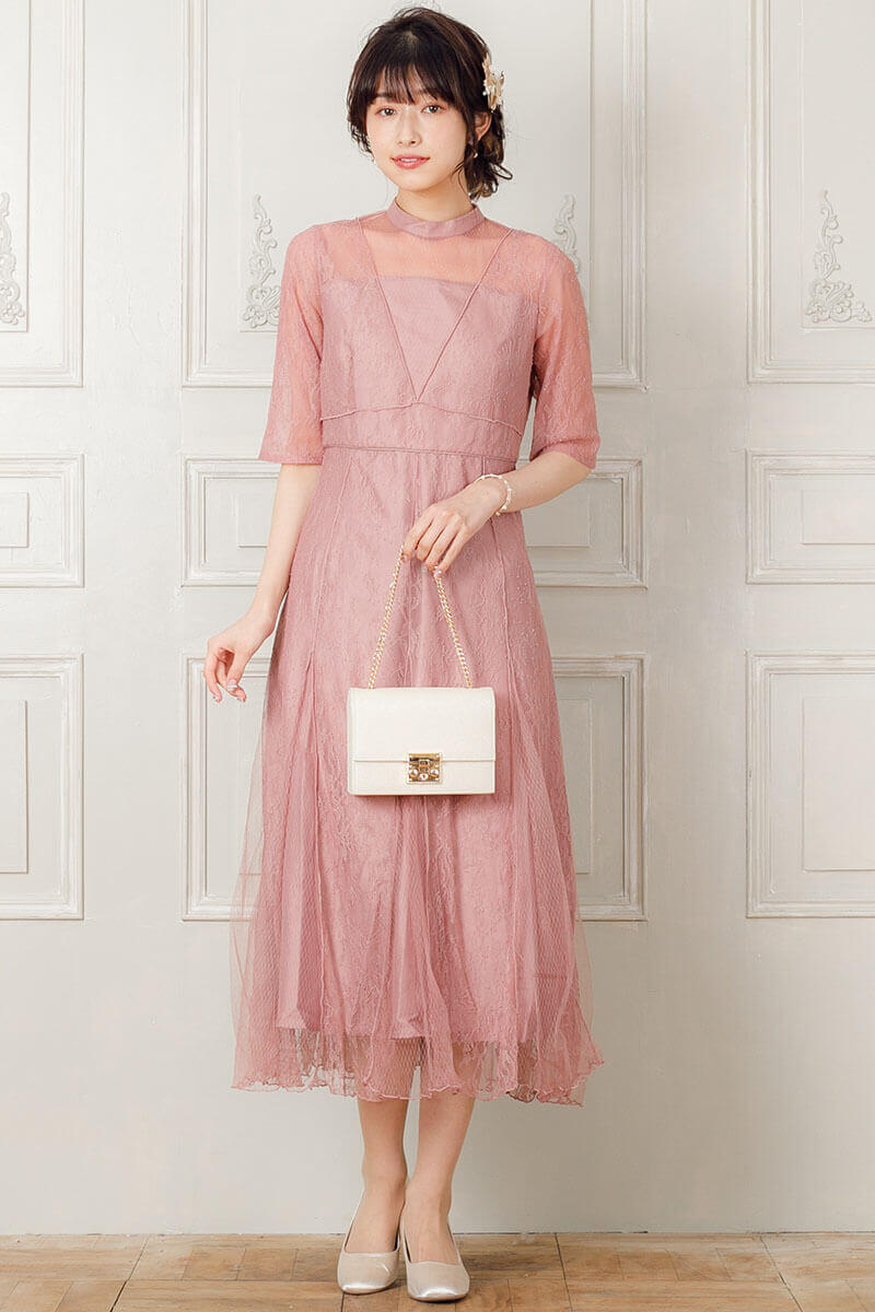 モーブピンクのVラインレースドレスの商品画像7