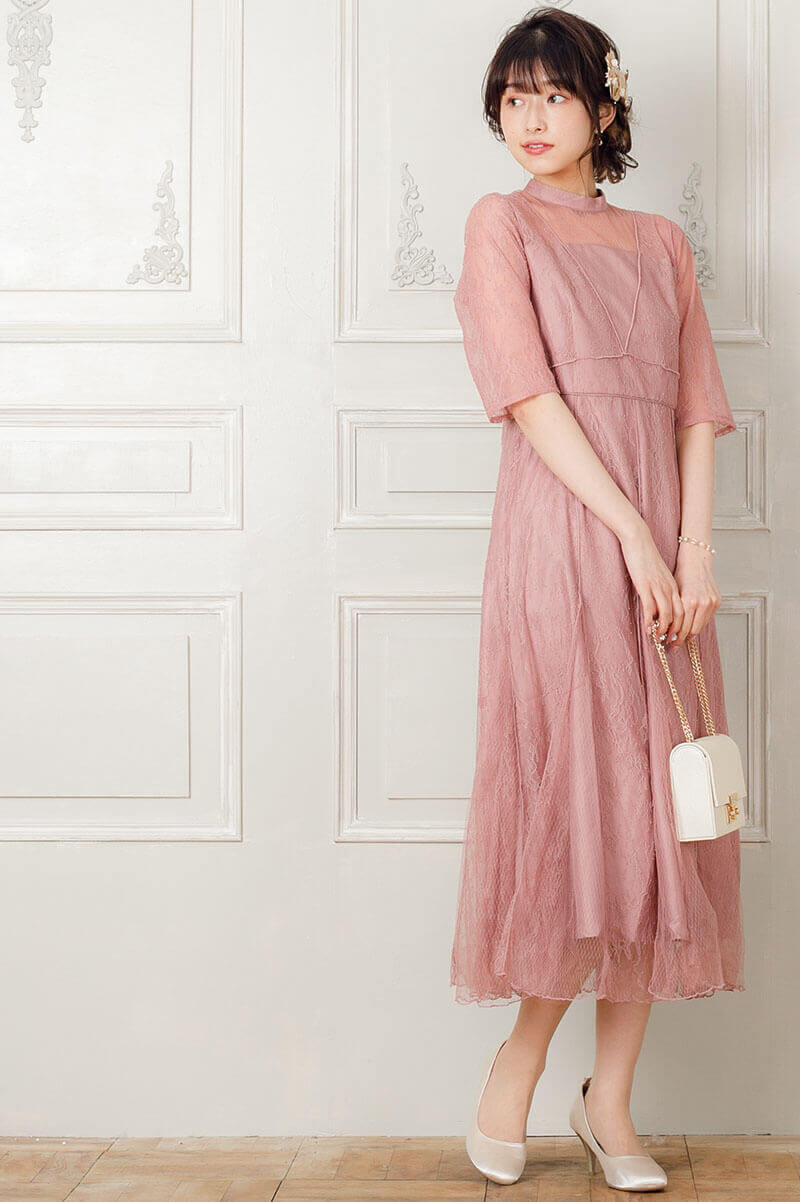 モーブピンクのVラインレースドレスの商品画像8