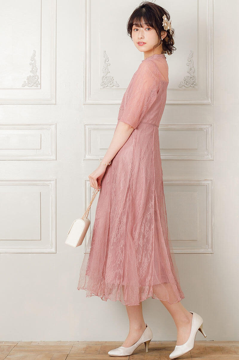 モーブピンクのVラインレースドレスの商品画像9