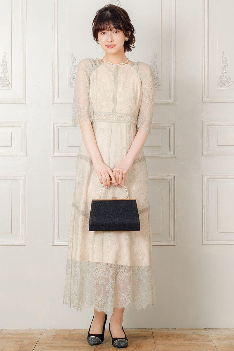 グリーンベージュのショルダーギャザーレースドレスの商品画像1