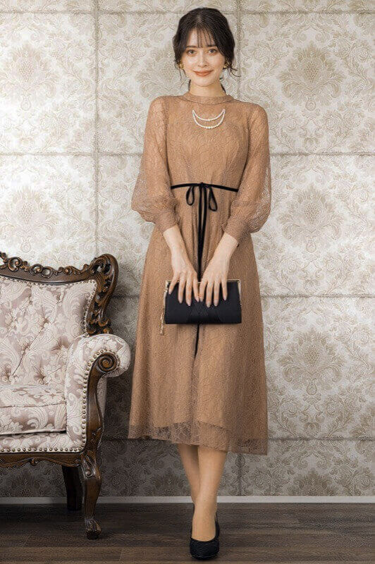 モカの袖つきシアーレースドレスのサムネイル画像
