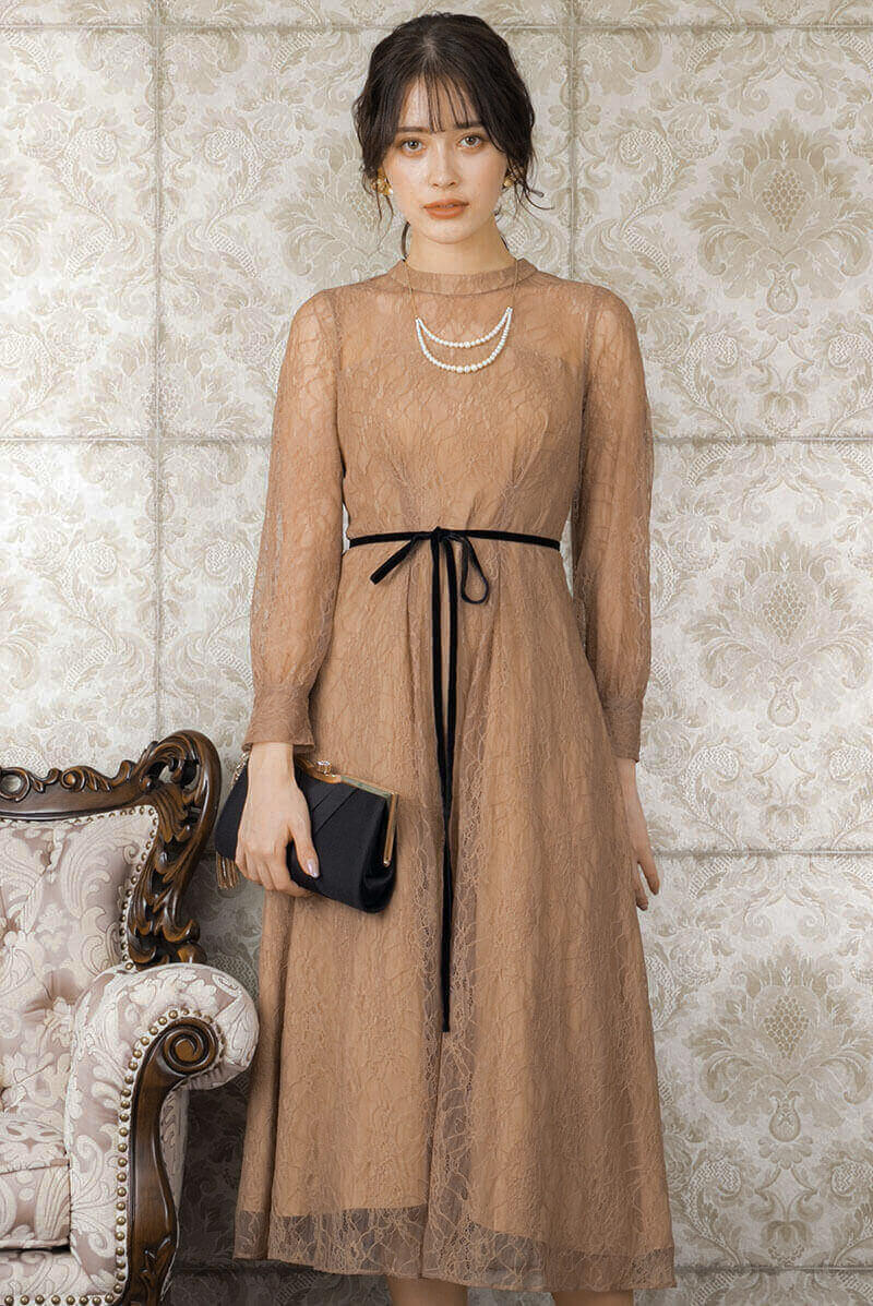 モカの袖つきシアーレースドレスの商品画像2