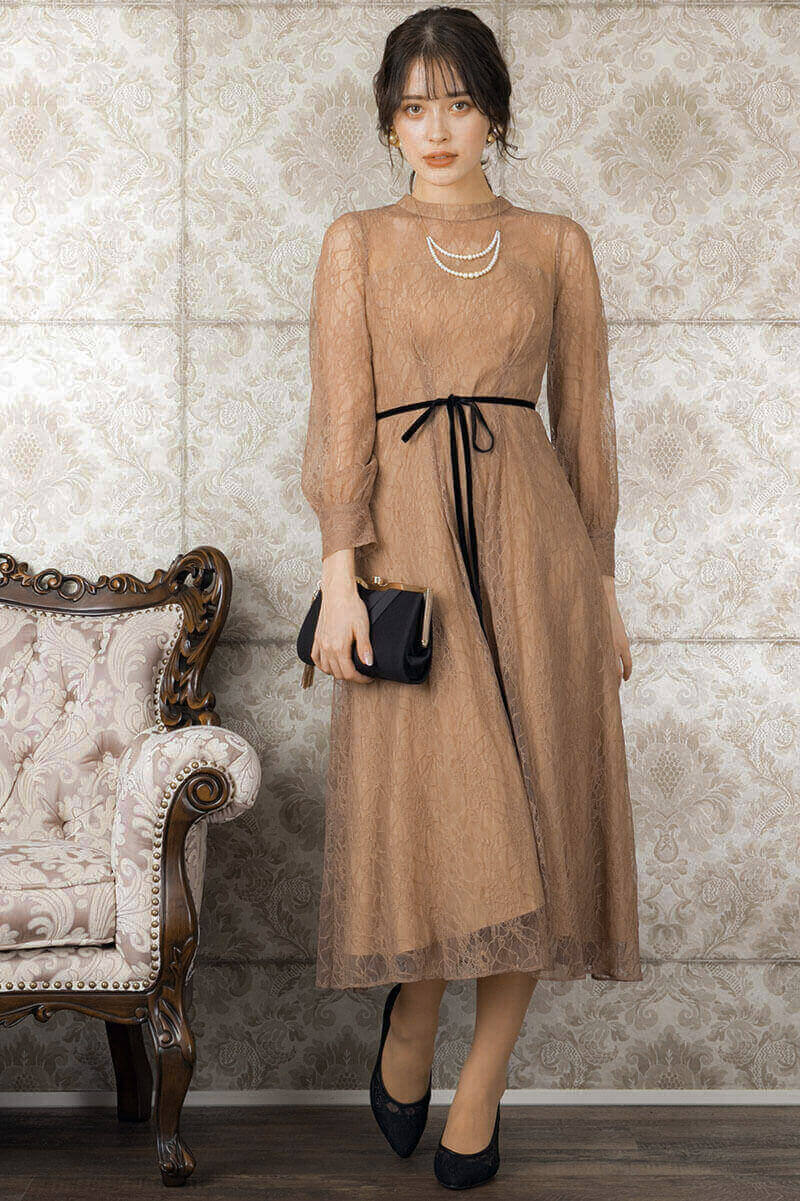 モカの袖つきシアーレースドレスの商品画像6