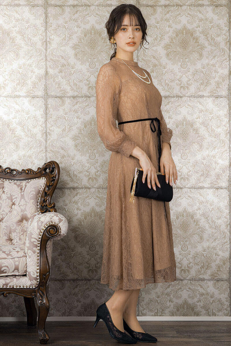 モカの袖つきシアーレースドレスの商品画像7