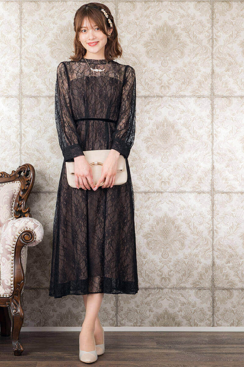 ブラックの袖つきシアーレースドレスの商品画像7