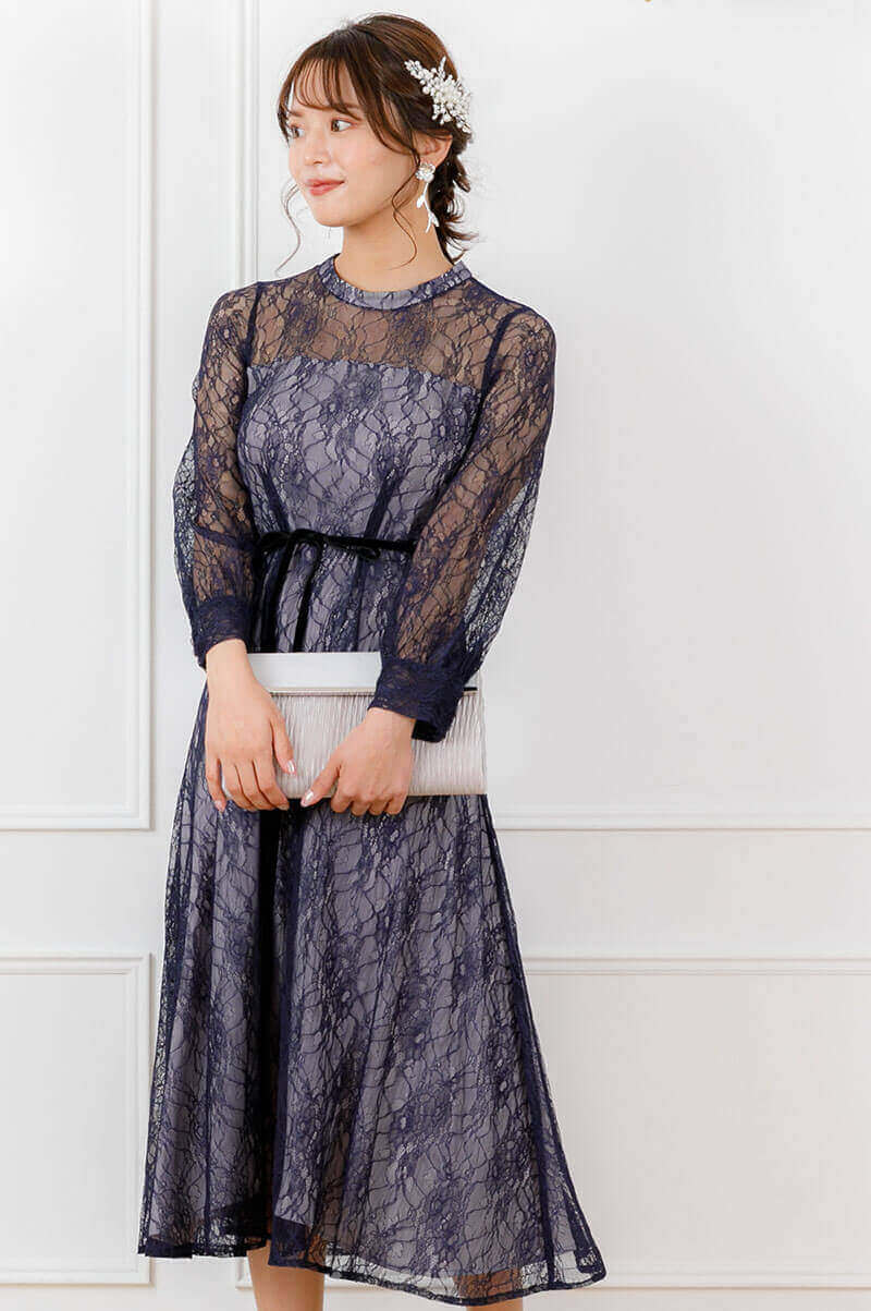 ネイビーの袖つきシアーレースドレスの商品画像2