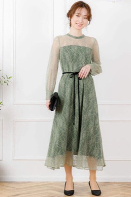 ライトグリーンの袖つきシアーレースドレスのサムネイル画像