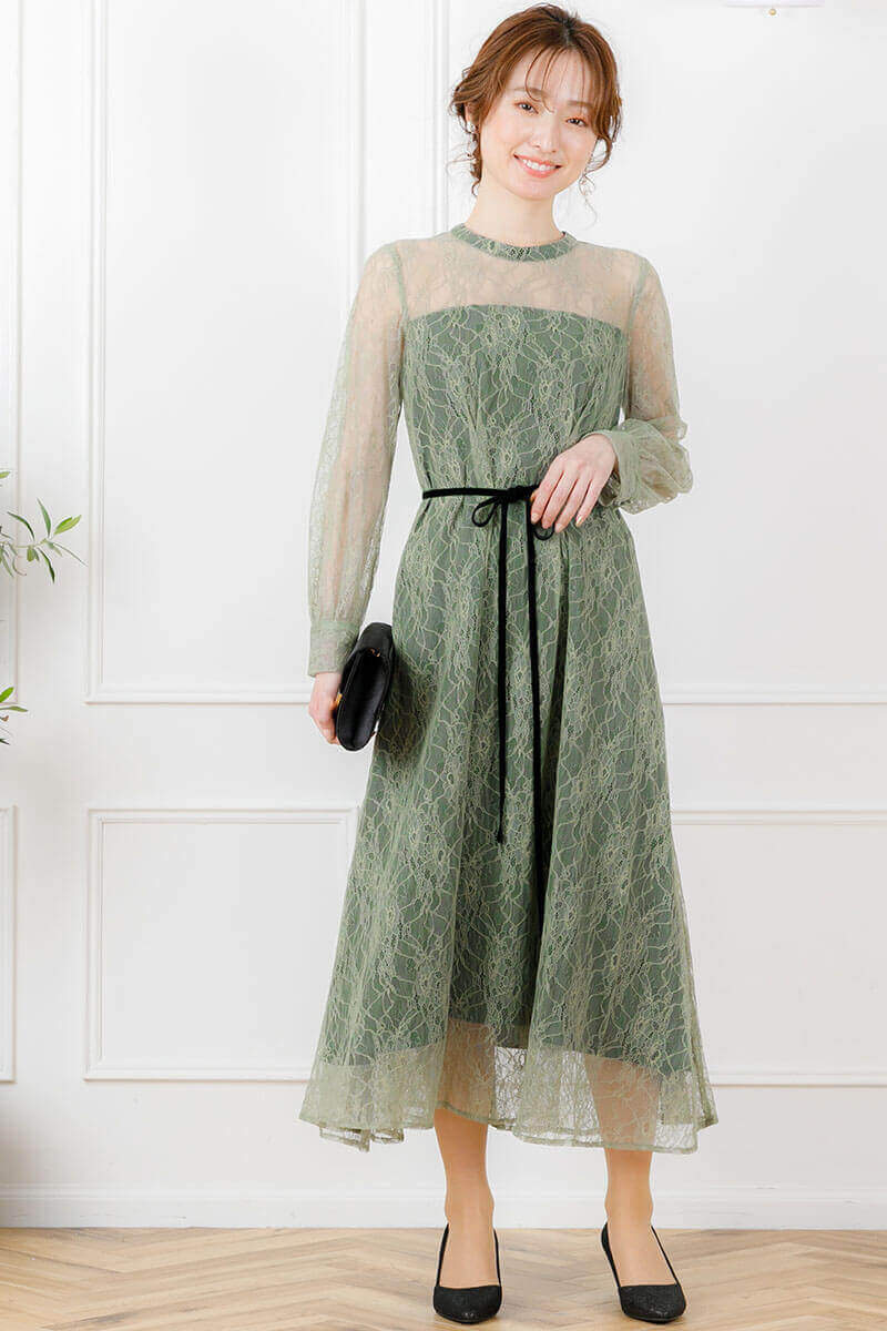 ライトグリーンの袖つきシアーレースドレスの商品画像1