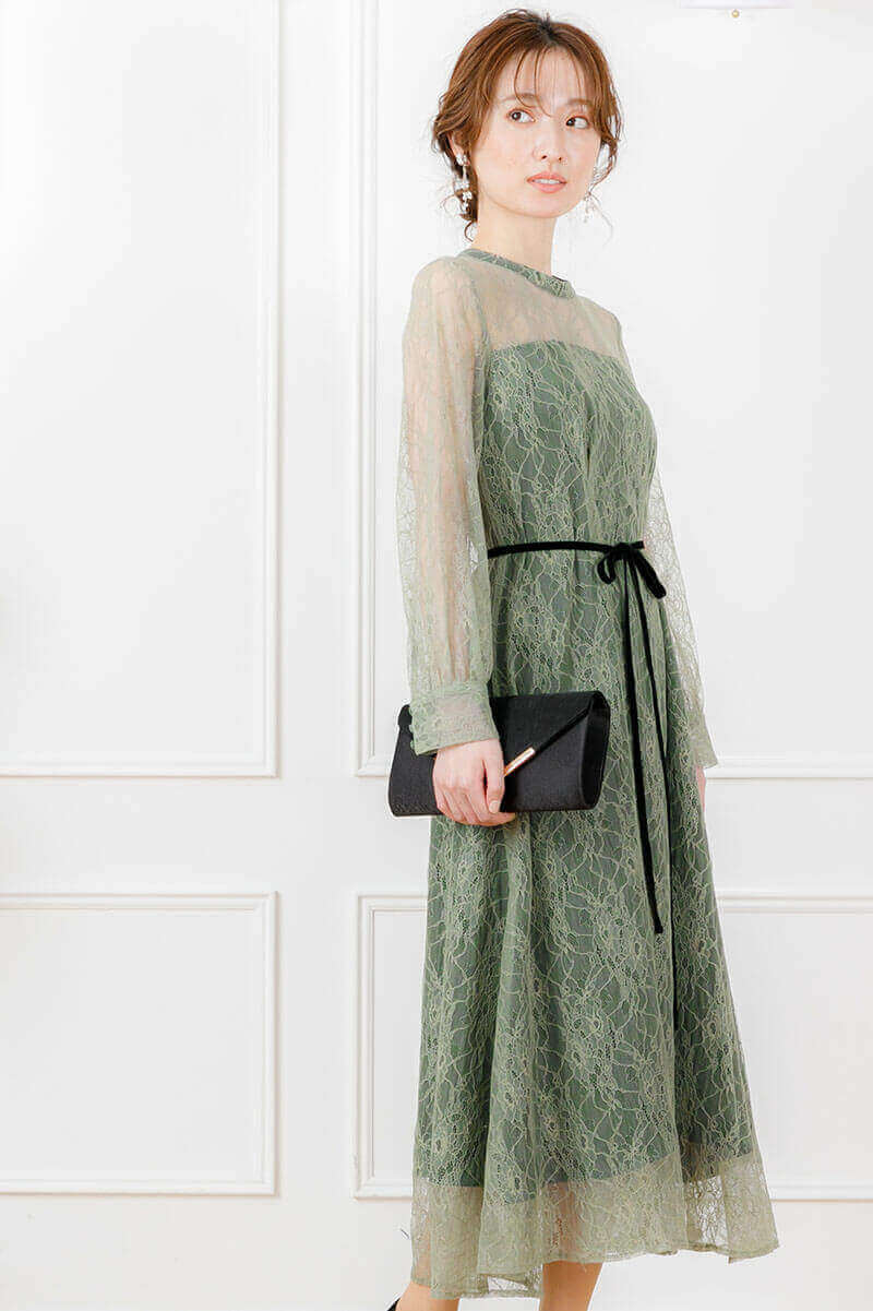 ライトグリーンの袖つきシアーレースドレスの商品画像2