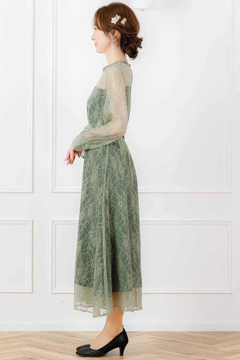 ライトグリーンの袖つきシアーレースドレスの商品画像3