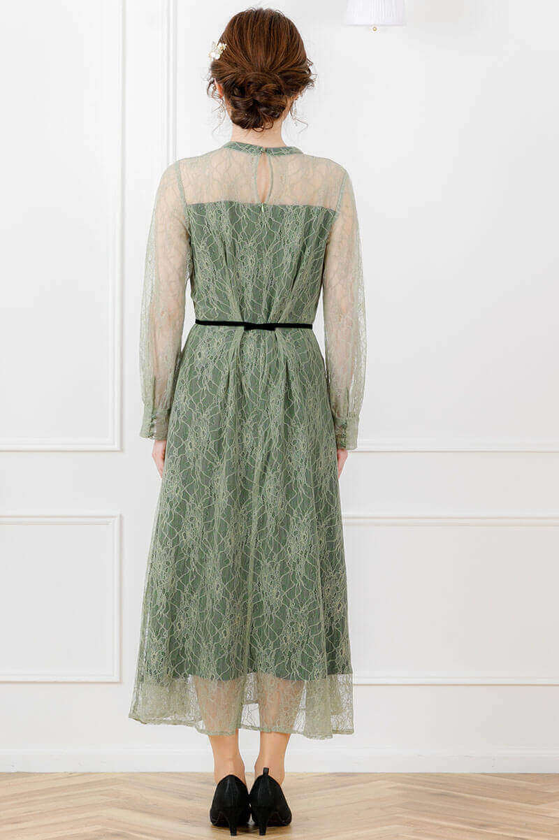 ライトグリーンの袖つきシアーレースドレスの商品画像4