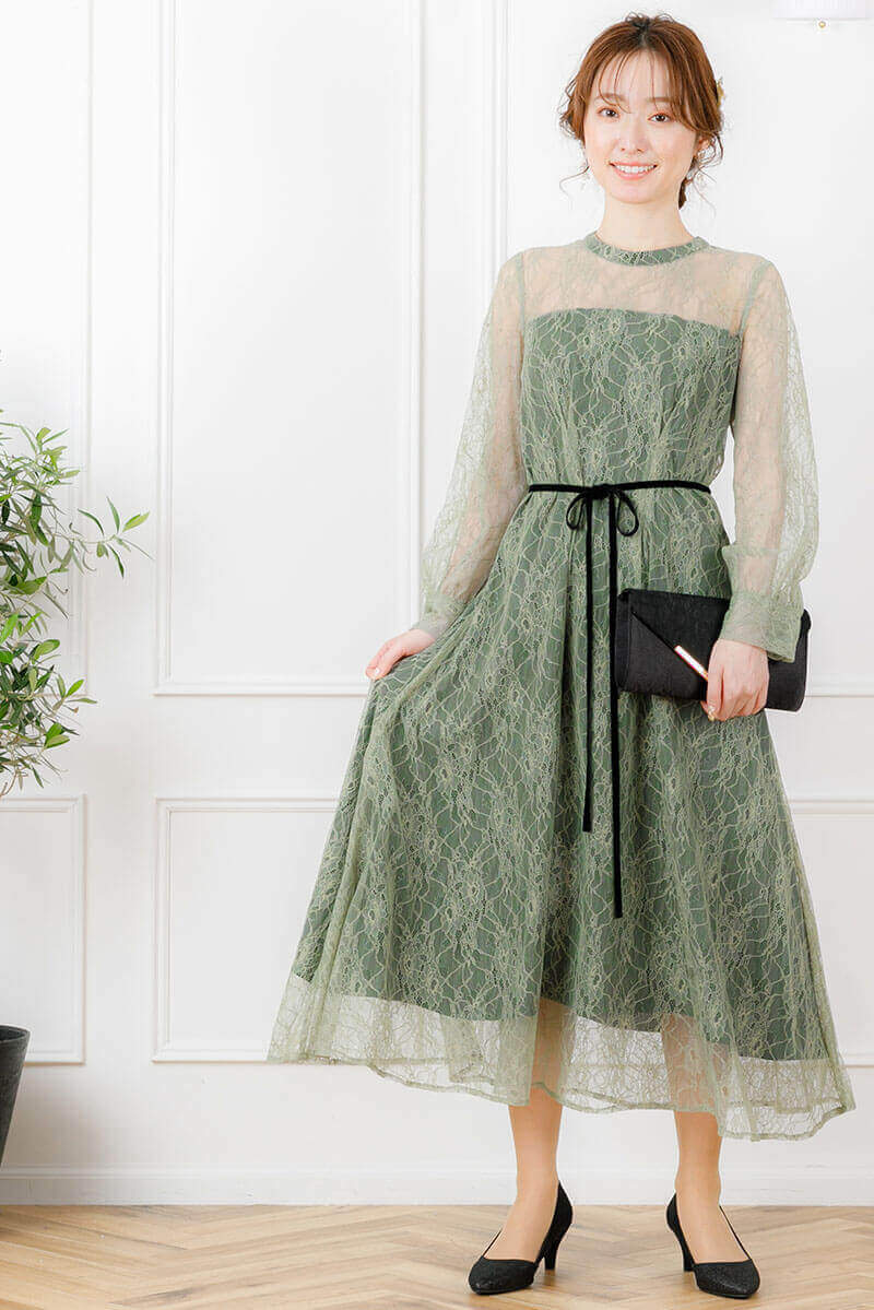 ライトグリーンの袖つきシアーレースドレスの商品画像6