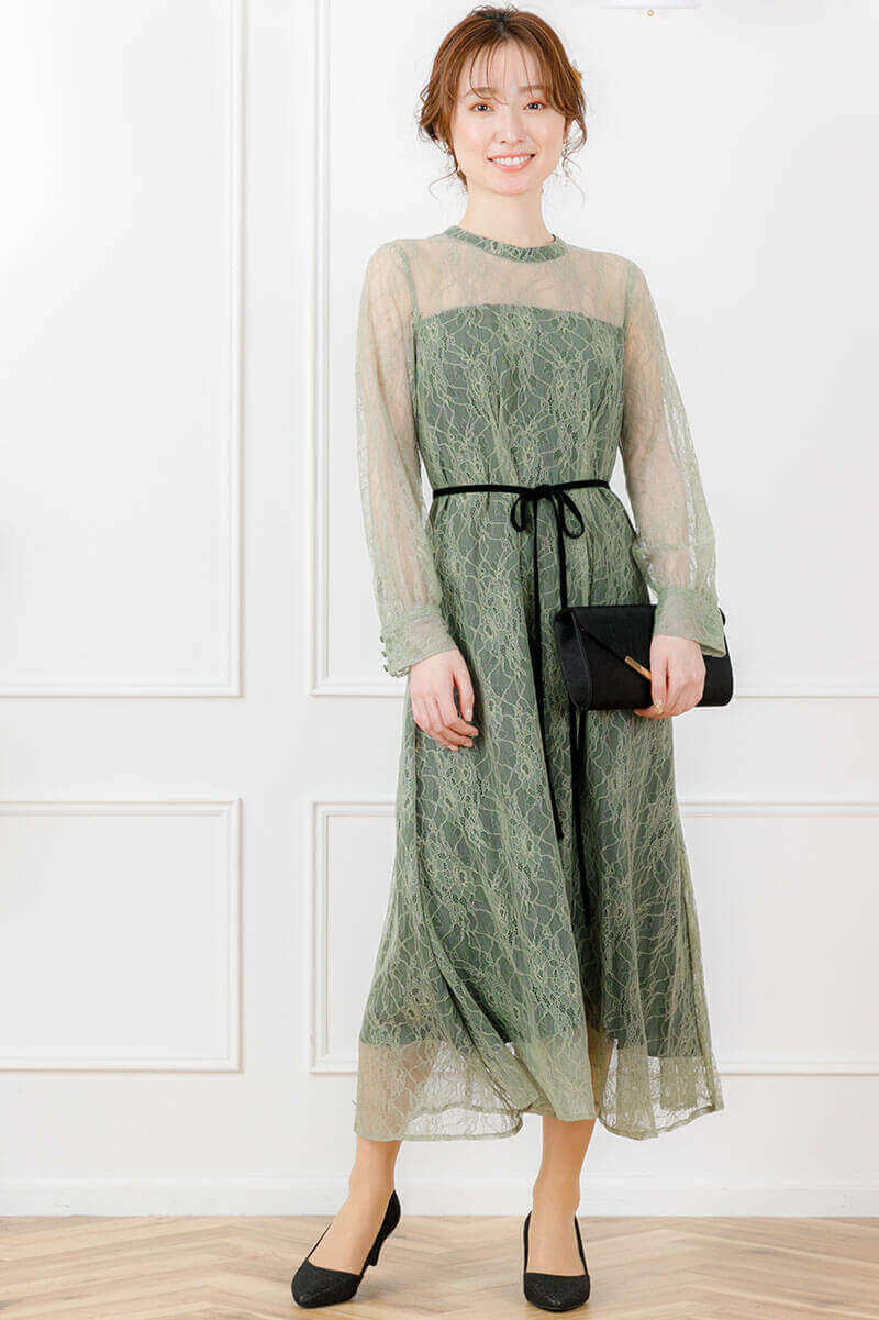 ライトグリーンの袖つきシアーレースドレスの商品画像7