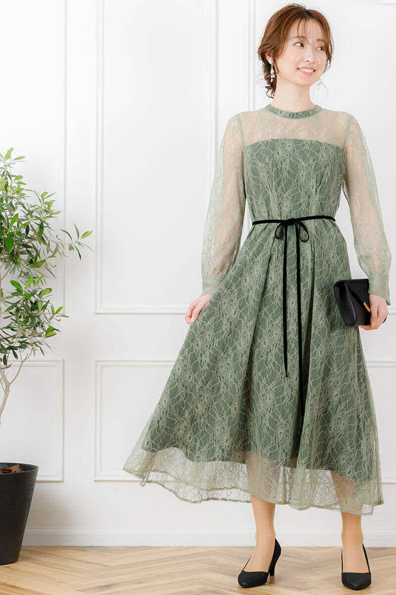 ライトグリーンの袖つきシアーレースドレスの商品画像8