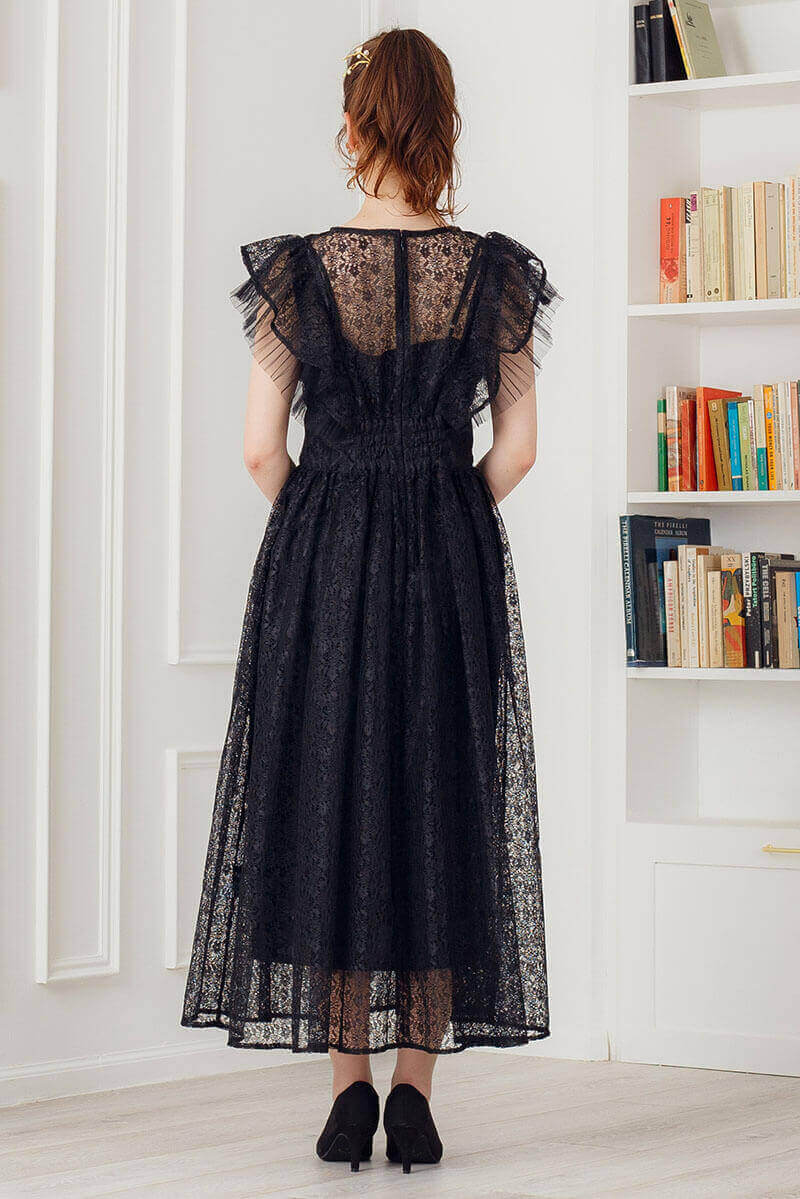 ブラックのギャザースリーブレースドレスの商品画像4
