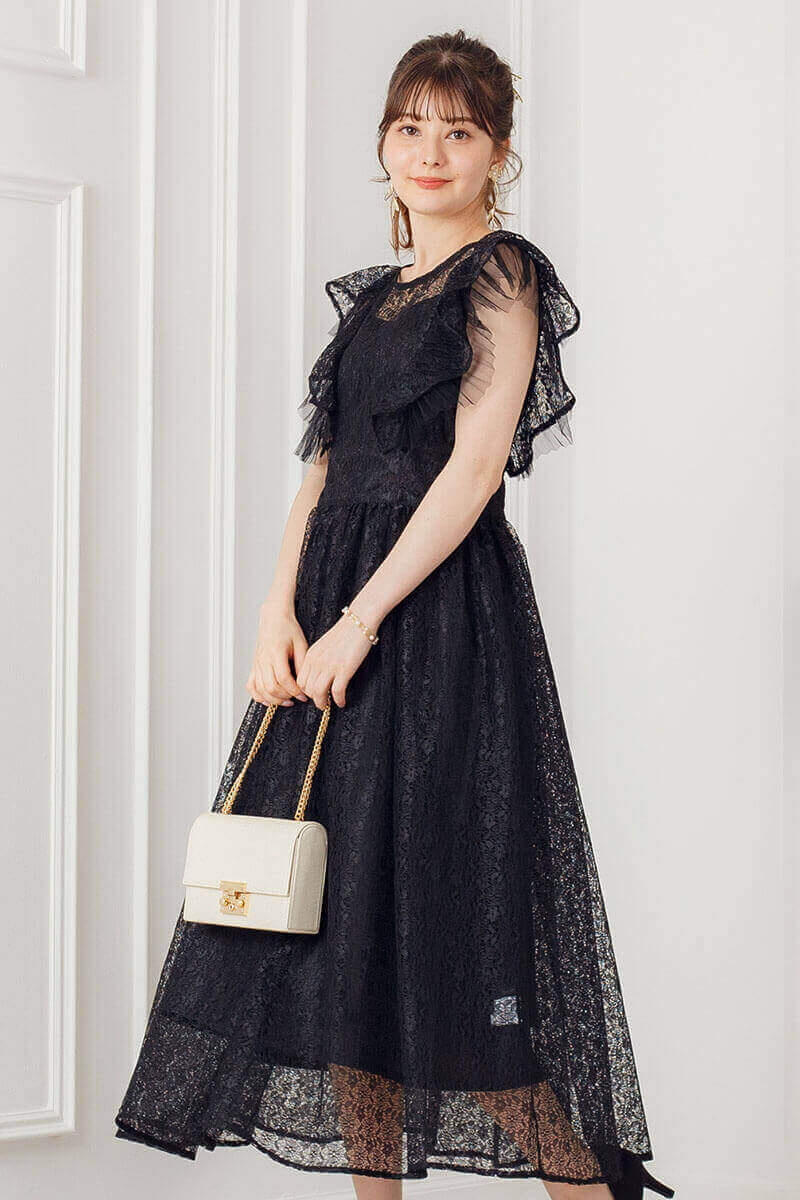 ブラックのギャザースリーブレースドレスの商品画像7