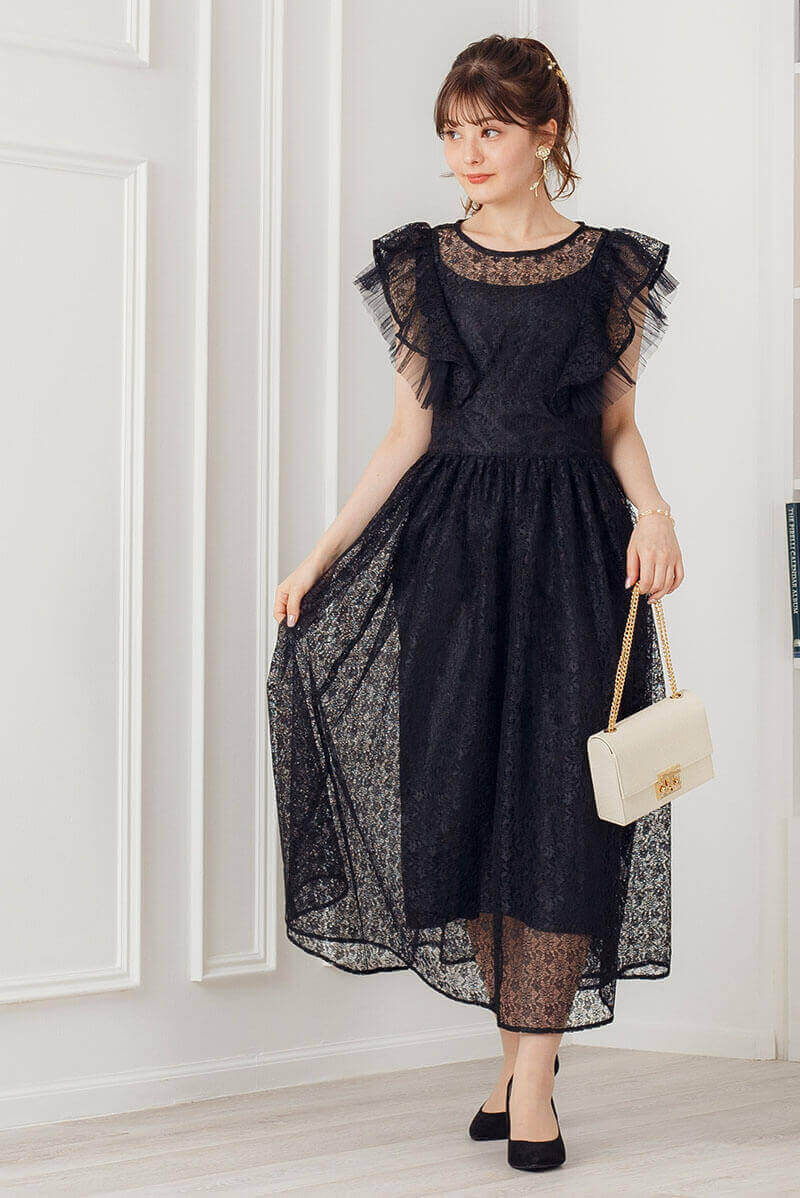ブラックのギャザースリーブレースドレスの商品画像9