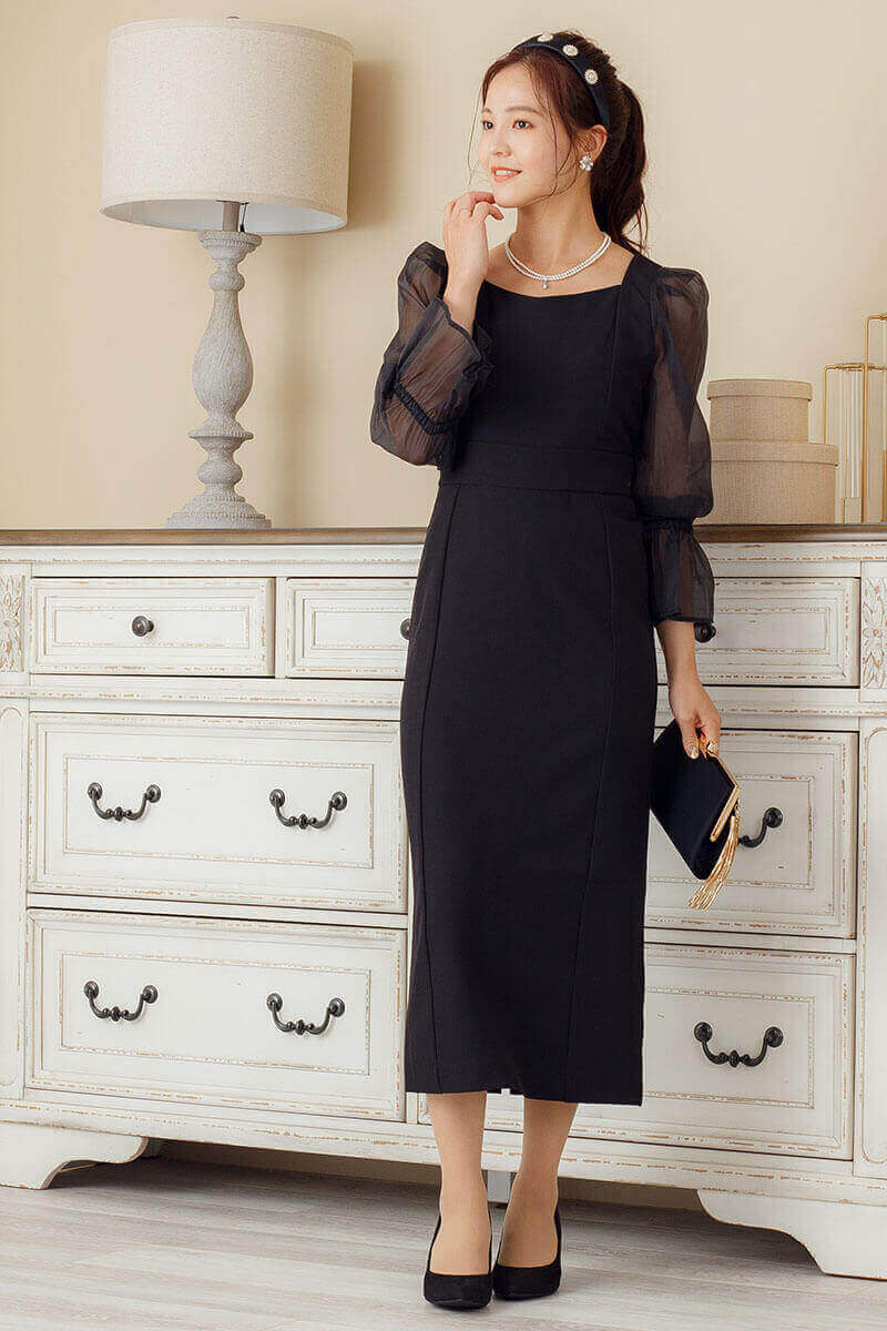 ブラックのシアースリーブタイトドレスの商品画像6
