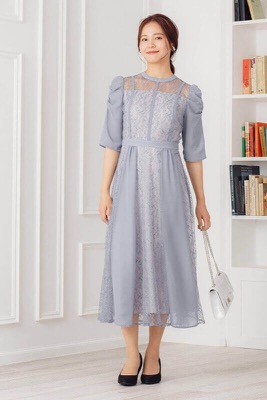ブルーグレーのギャザースリーブドレスのサムネイル画像
