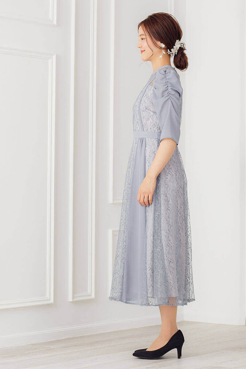 ブルーグレーのギャザースリーブドレスの商品画像3