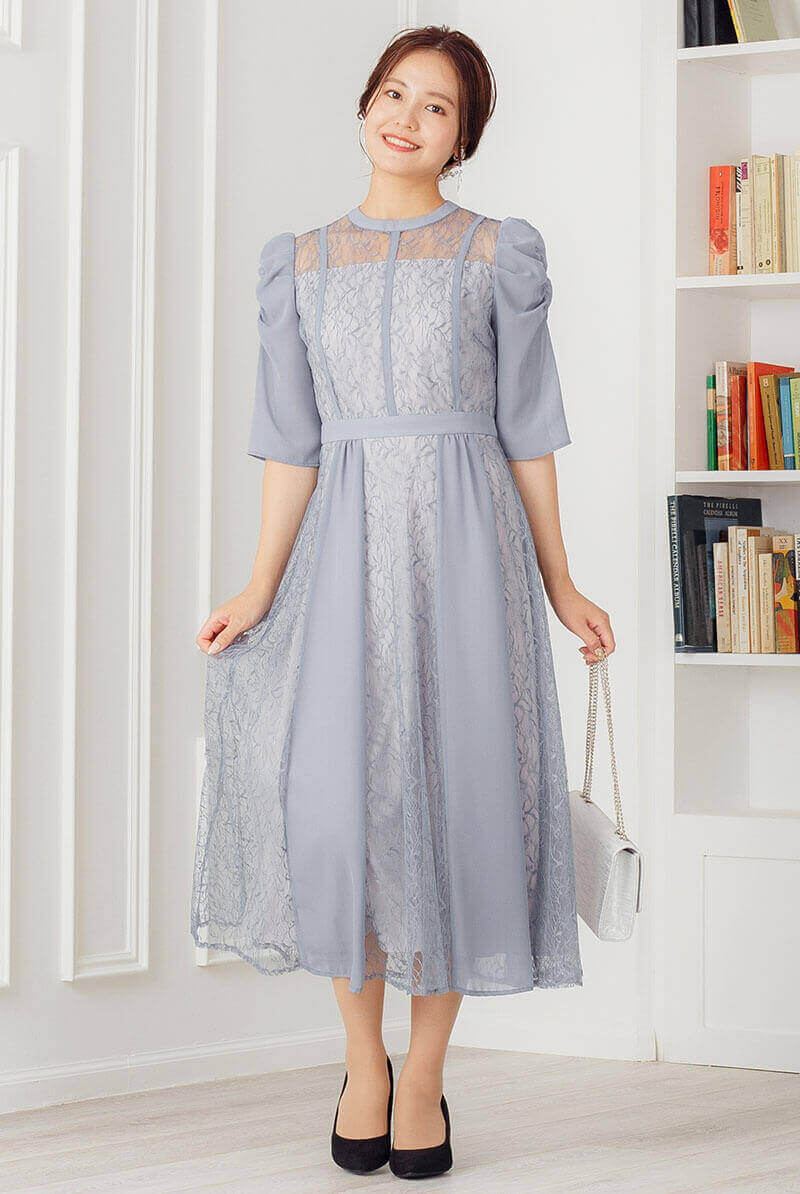 ブルーグレーのギャザースリーブドレスの商品画像8