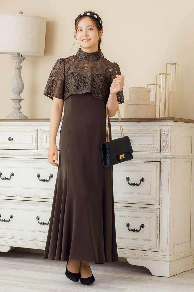 ブラウンのレースボレロ付きマーメイドドレス Dorry Doll M 結婚式パーティーのレンタルドレスはリリアージュ