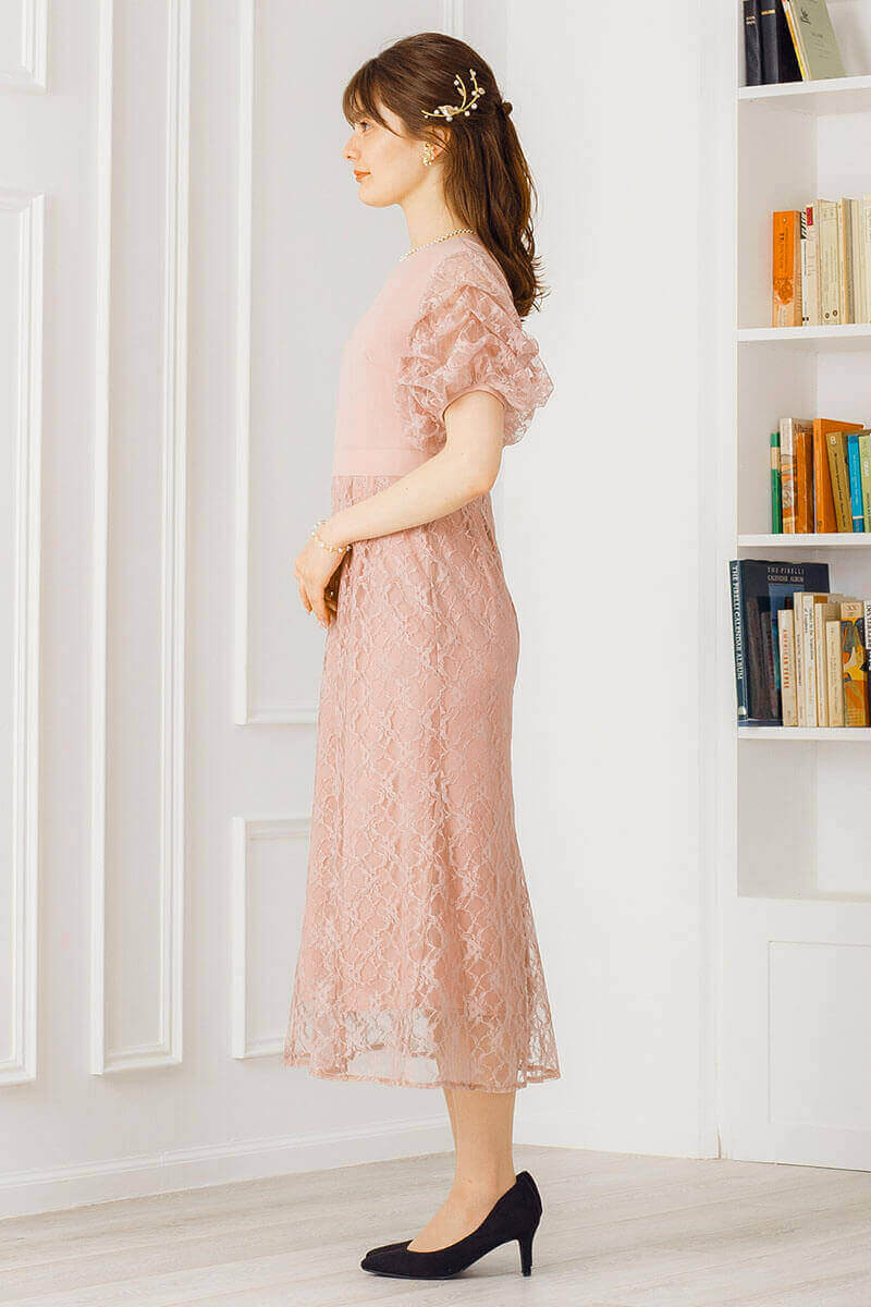 ピンクベージュのボリュームスリーブドレスの商品画像3