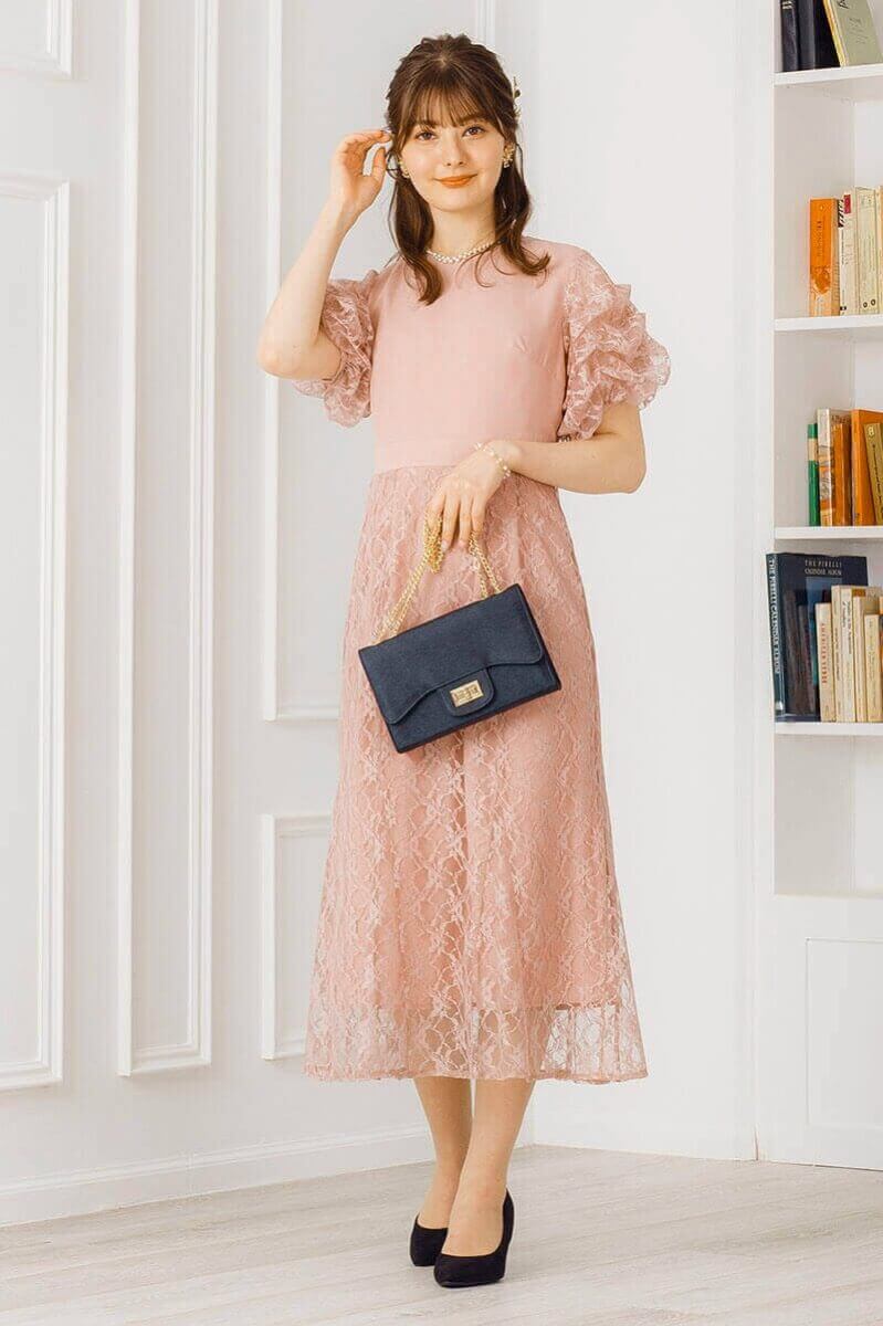 ピンクベージュのボリュームスリーブドレスの商品画像7
