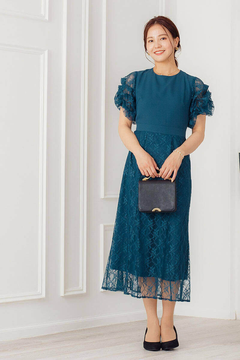 ダークグリーンのボリュームスリーブドレスの商品画像7