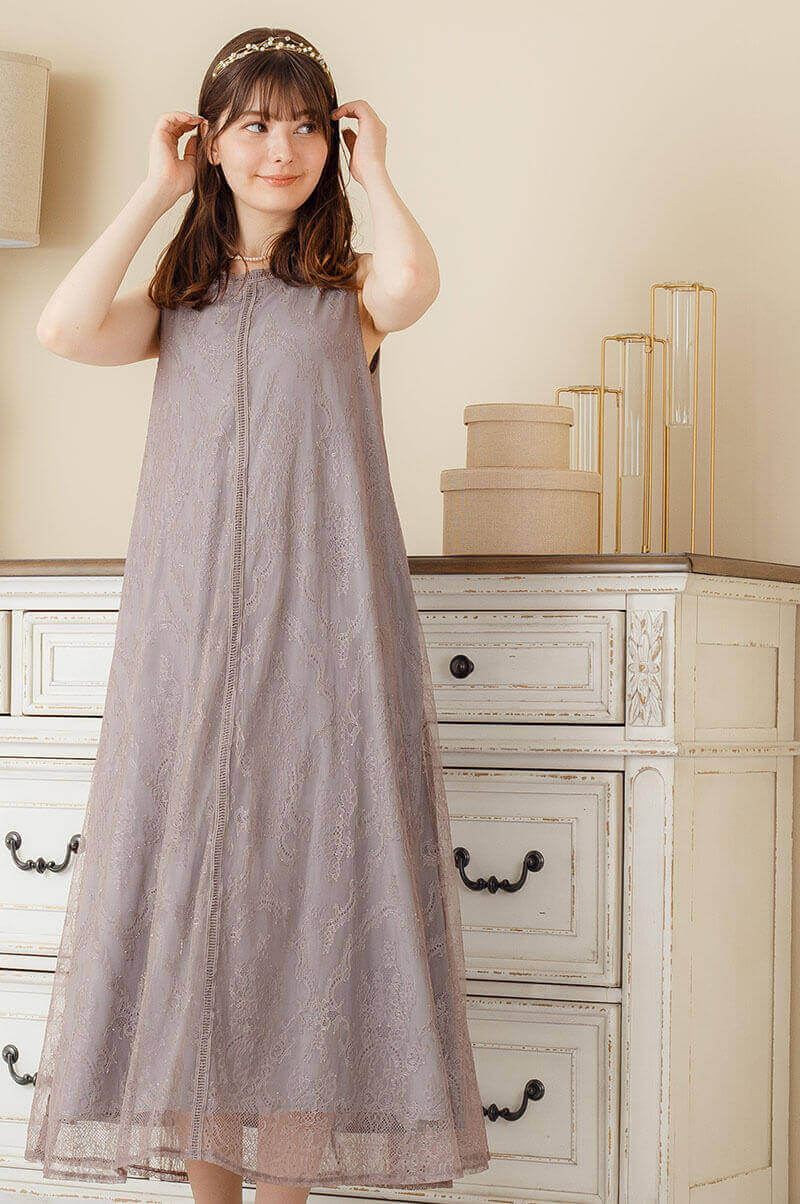 グレージュのボレロ付きレースドレスの商品画像7