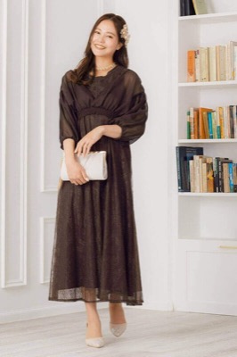 チャコールのボレロ付きレースドレスのレンタルドレス