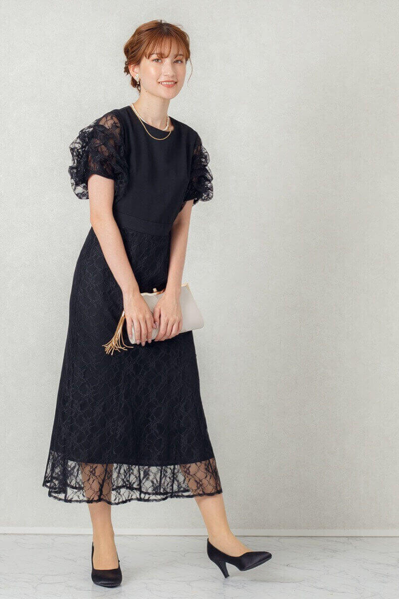 ブラックのボリュームスリーブドレスの商品画像8