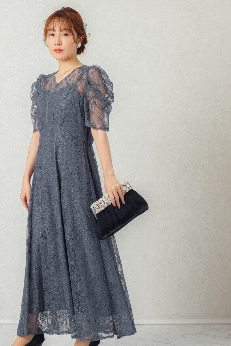 ダークカーキのパワショルレースドレスの商品画像7