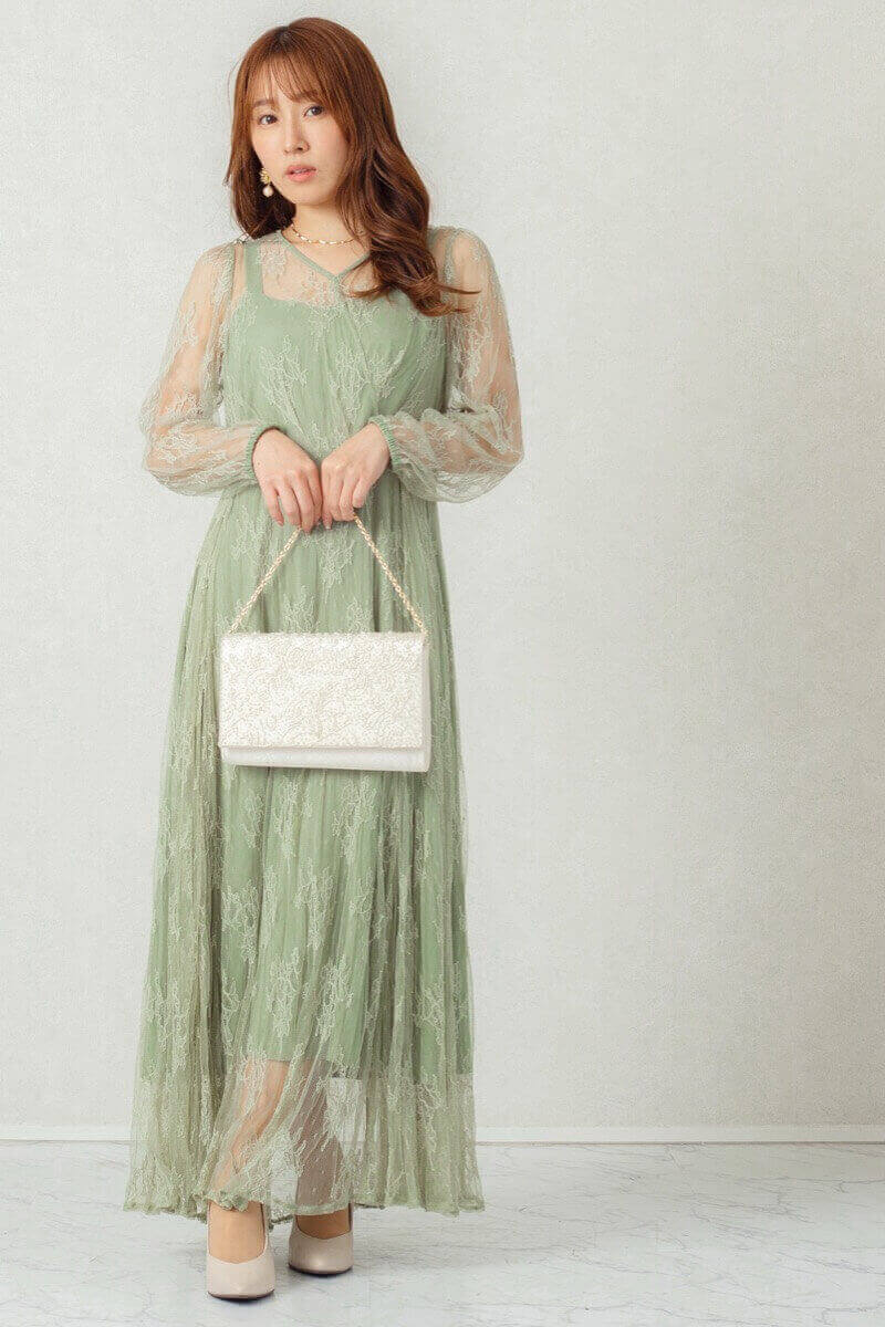 マスカットグリーンの総レースカシュクールドレスの商品画像8
