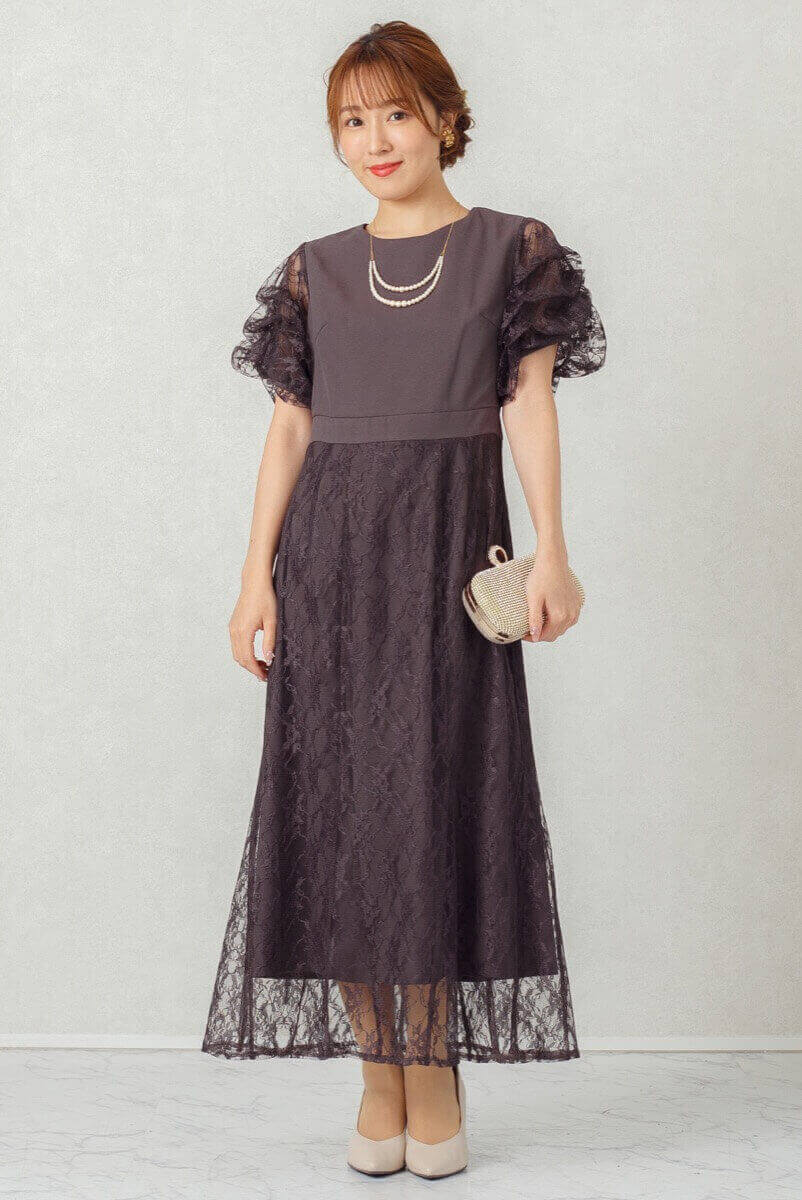 ダークパープルのボリュームスリーブドレスの商品画像1