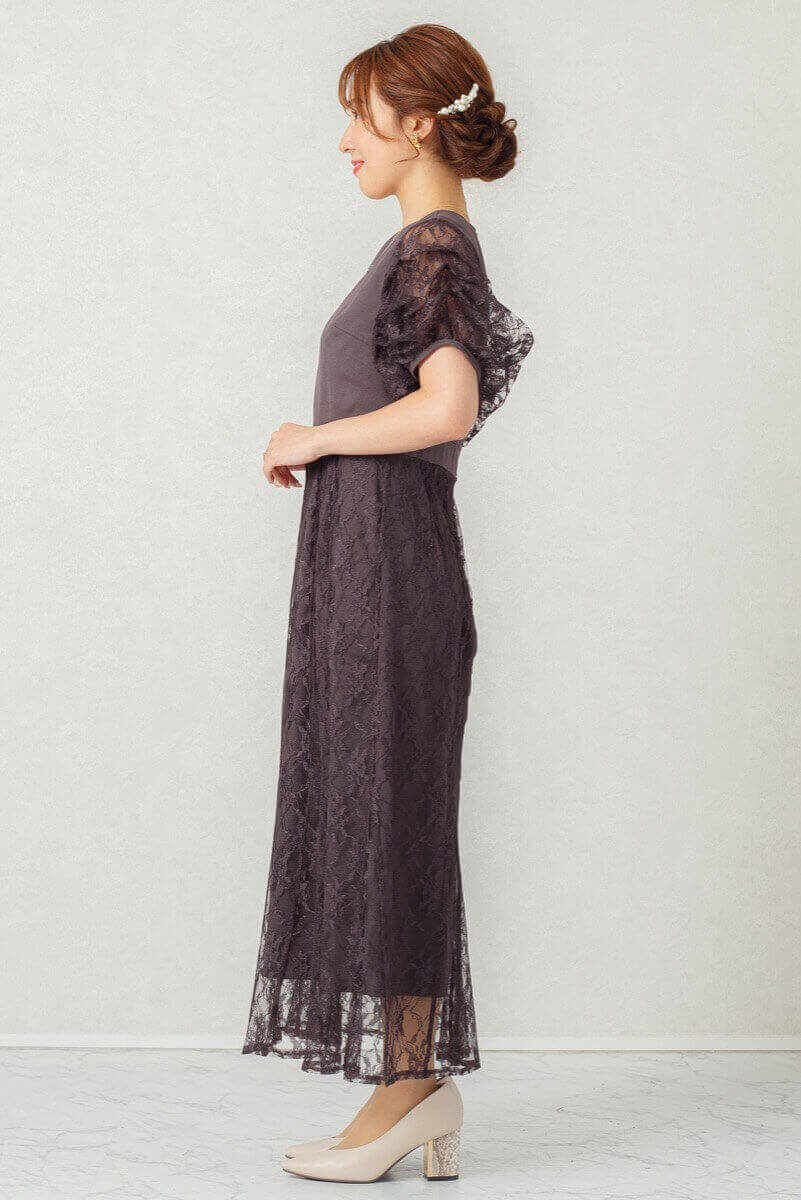 ダークパープルのボリュームスリーブドレスの商品画像3