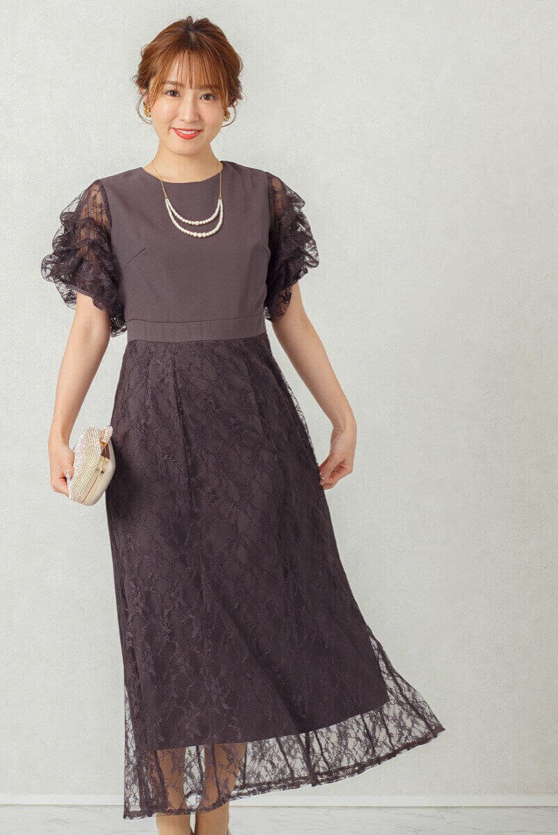 ダークパープルのボリュームスリーブドレスの商品画像7