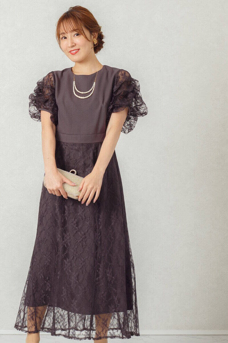 ダークパープルのボリュームスリーブドレスの商品画像8