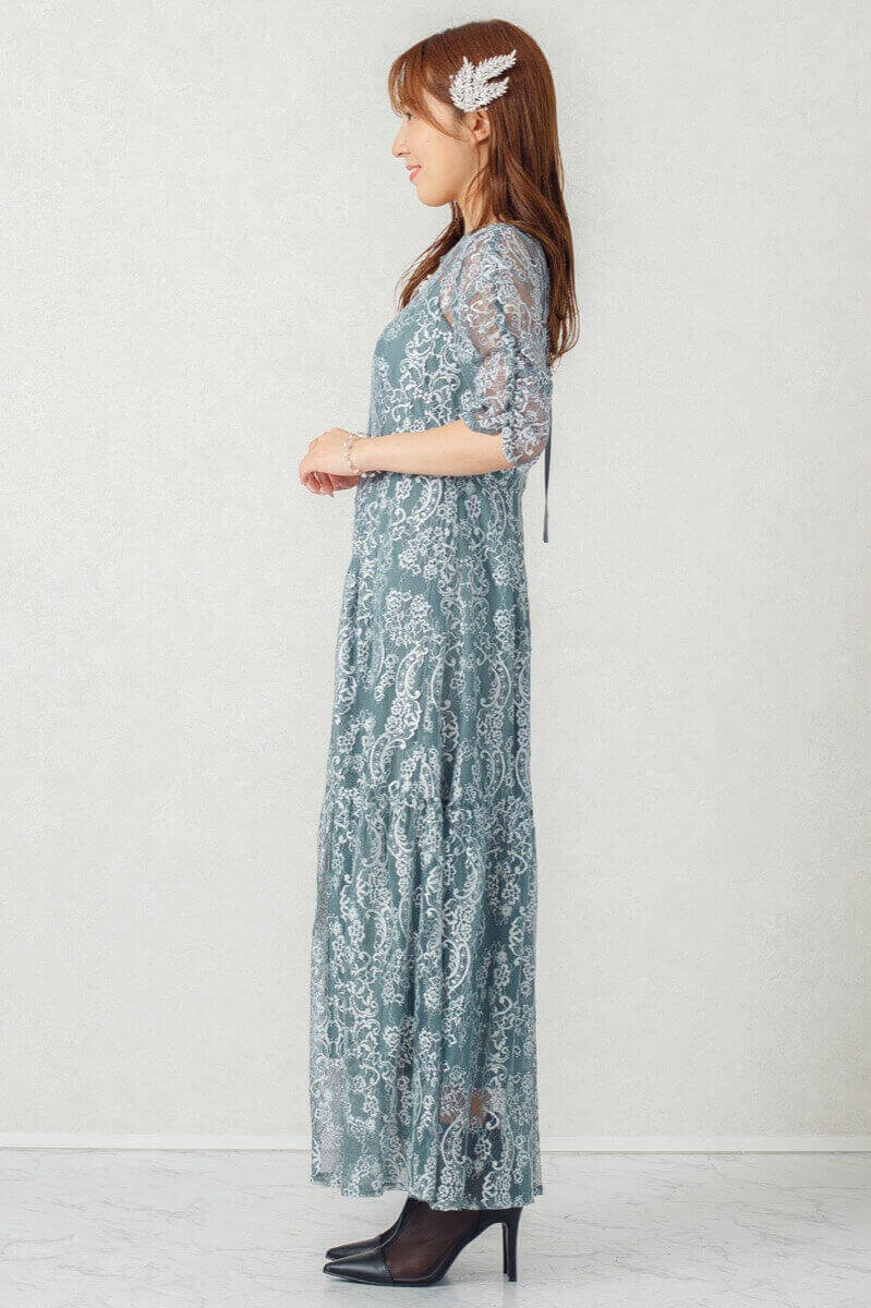 グリーンのバックリボンレースドレスの商品画像3